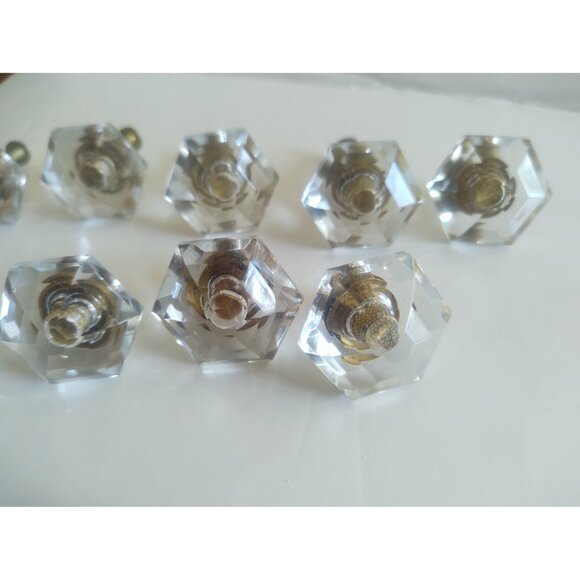 Vintage Cut Glass Drawer Pulls 1 1/4" Hexagonal Brass Inserts (lot of 11) - Picture 7 of 13